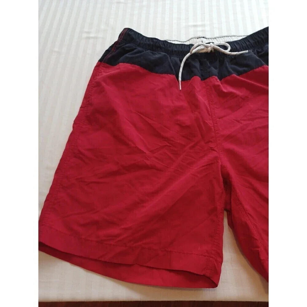 Nautica swim trunks shorts mens M red navy spellout mesh briefs pockets beach